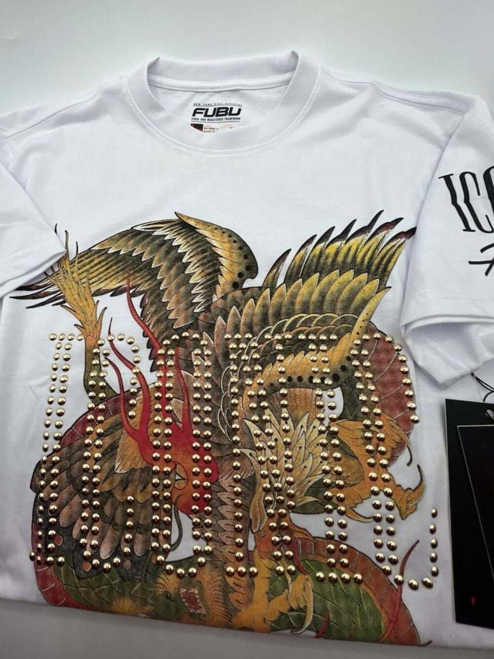 FUBU Iconic Dragon and Eagle Graphic Rhinestone Studded White T-Shirt Medium